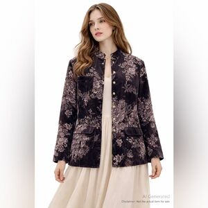Vintage Velvet Floral Jacket L–XL Navy Purple Cottagecore Lined